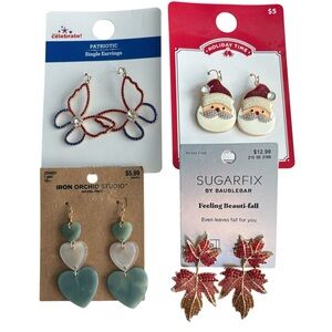 Four Sets of Holiday Themed Pierced Earrings Christmas Fall Hearts Patriotic